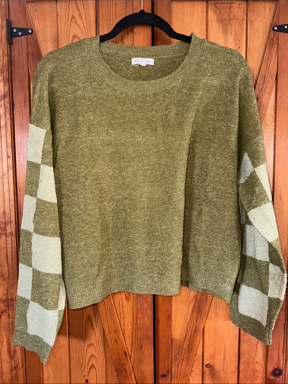 Blu Pepper Olive Green Crewneck Sweater with Checkerboard Sleeves